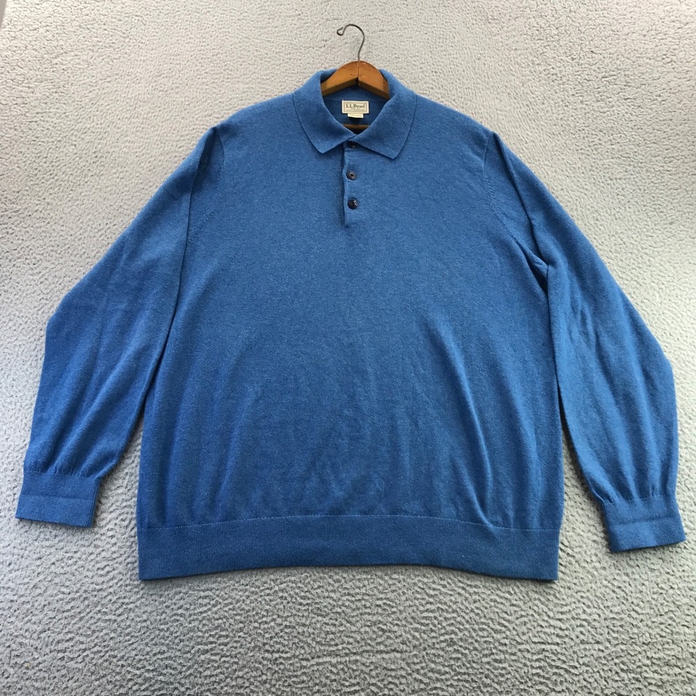 LL Bean Sweater Mens Extra Large Blue Cotton Cashmere Long Sleeve Polo Knit